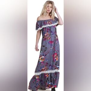 Umgee Boho Off Shoulder Maxi Dress Crochet Trim Grey Purple Floral Small